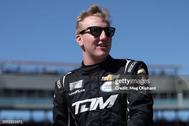 Leland Honeyman, driver of the RANDCO Chevrolet, walks the grid during qualifying for the NASCAR Xfinity Series Call 811.com Every Dig. Every Time....