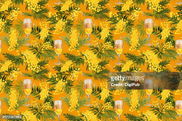 festa della donna mimosa and champagne pattern - seamless quartet continuous pattern 3*2 - fiesta elegante stock-fotos und bilder