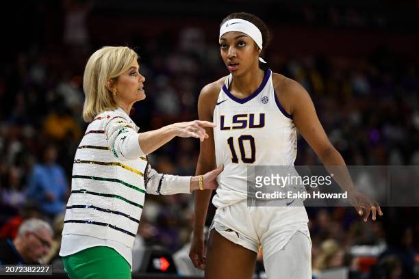 Head coach Kim Mulkey of the LSU Lady Tigers talks with Angel Reese against the Ole Miss Rebels in the fourth quarter during the semifinals of the...