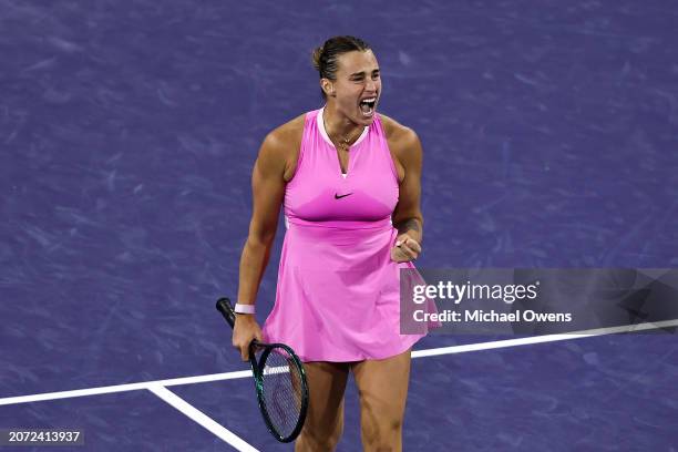 Aryna Sabalenka of Belarus celebrates after a point during her match against Peyton Stearns of the United States during the BNP Paribas Open at...