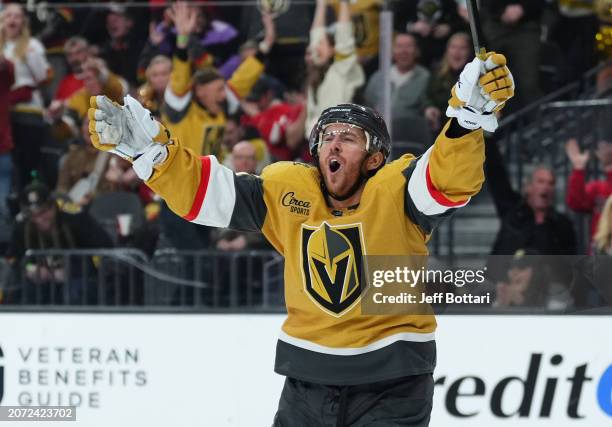 Jonathan Marchessault of the Vegas Golden Knights celebrates after a goal during the third period against the Detroit Red Wings at T-Mobile Arena on...