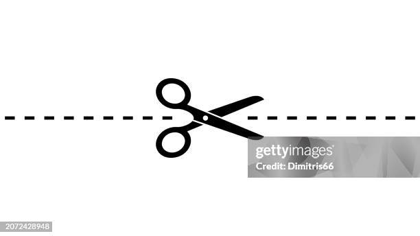 illustrations, cliparts, dessins animés et icônes de scissors with cut lines - scissors cutting dotted line
