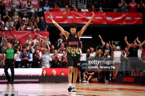 Tyler Harvey of the Hawks reacts during the NBL Semi Final Playoff Series match between Illawarra Hawks and Melbourne United at WIN Entertainment...
