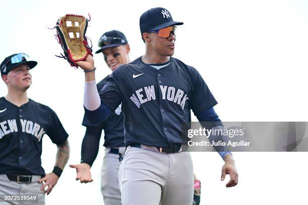 Juan Soto of the New York Yankees reacts during a 2024 Grapefruit League Spring Training game against the Toronto Blue Jays at TD Ballpark on March...