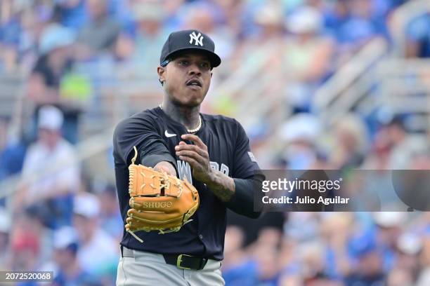 Marcus Stroman of the New York Yankees looks on from the mound in the second inning against the Toronto Blue Jays during a 2024 Grapefruit League...