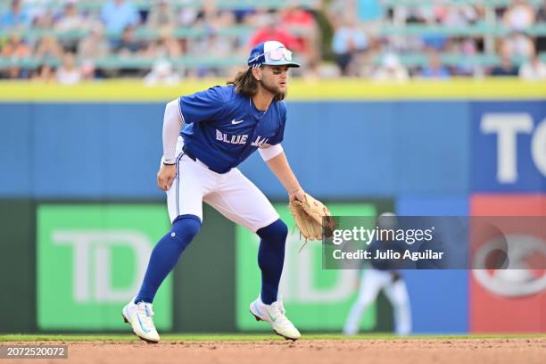 Bo Bichette of the Toronto Blue Jays plays shortstop in the third inning against the New York Yankees during a 2024 Grapefruit League Spring Training...