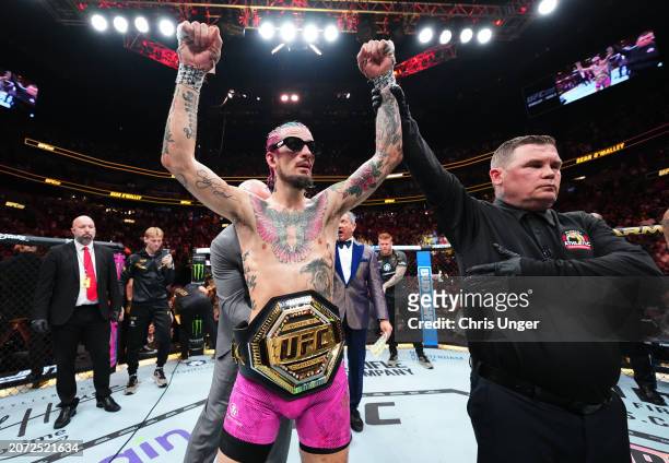 Sean O'Malley reacts after his victory against Marlon Vera of Ecuador in the UFC bantamweight championship fight during the UFC 299 event at Kaseya...
