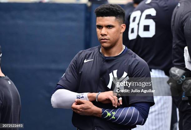 Juan Soto of the New York Yankees looks on during a 2024 Grapefruit League Spring Training game against the Tampa Bay Rays at George M. Steinbrenner...