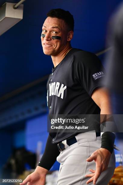 Aaron Judge of the New York Yankees reacts during a 2024 Grapefruit League Spring Training game against the Toronto Blue Jays at TD Ballpark on March...