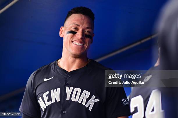 Aaron Judge of the New York Yankees reacts during a 2024 Grapefruit League Spring Training game against the Toronto Blue Jays at TD Ballpark on March...