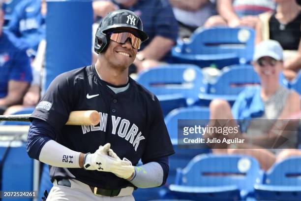 Juan Soto of the New York Yankees reacts in the third inning during a 2024 Grapefruit League Spring Training game against the Toronto Blue Jays at TD...