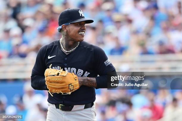 Marcus Stroman of the New York Yankees looks on from the mound in the second inning against the Toronto Blue Jays during a 2024 Grapefruit League...