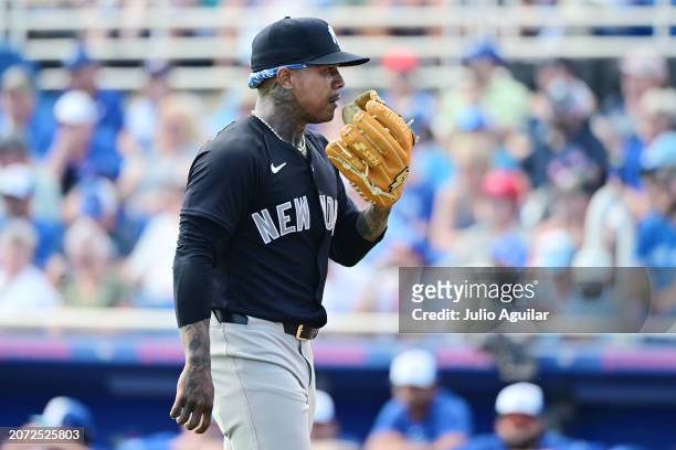 Marcus Stroman of the New York Yankees reacts following the first inning against the Toronto Blue Jays during a 2024 Grapefruit League Spring...