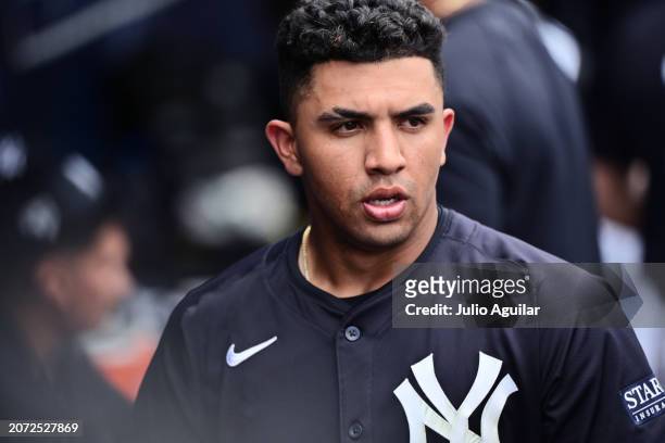 Oswald Peraza of the New York Yankees looks on from the dugout during a 2024 Grapefruit League Spring Training game against the Tampa Bay Rays at...