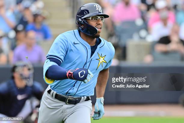 Richie Palacios of the Tampa Bay Rays runs the bases after hitting a two-run home run in the fourth inning against the New York Yankees during a 2024...