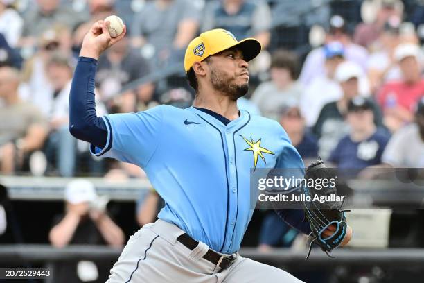 Taj Bradley of the Tampa Bay Rays delivers a pitch to the New York Yankees in the second inning during a 2024 Grapefruit League Spring Training game...