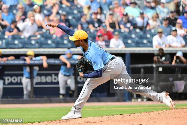 Taj Bradley of the Tampa Bay Rays delivers a pitch to the New York Yankees in the first inning during a 2024 Grapefruit League Spring Training game...