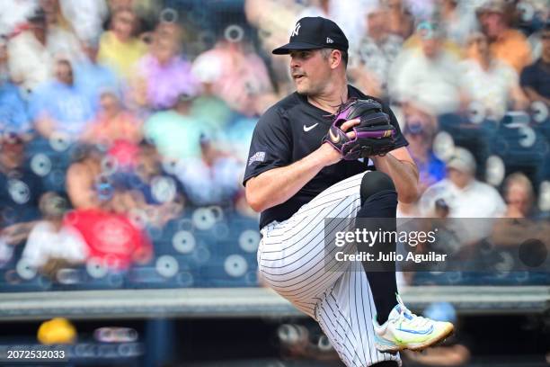 Carlos Rodon of the New York Yankees delivers a pitch to the Tampa Bay Rays in the first inning during a 2024 Grapefruit League Spring Training game...