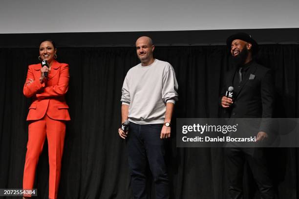 Director Alex Stapleton, executive producer and writer Stephen Witt and Dell Glover speak during a Q&A following the world premiere of "How Music Got...