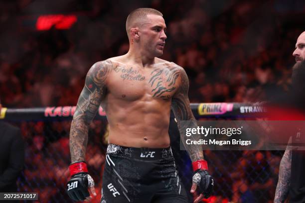 Dustin Poirier reacts after defeating Benoit Saint Denis of France in their lightweight bout at UFC 299 at Kaseya Center on March 09, 2024 in Miami,...