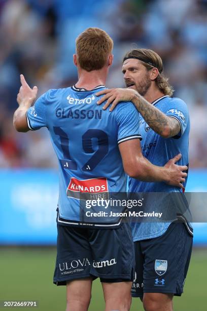 Mitchell Glasson and Luke Brattan of Sydney FC speak at full time following the the A-League Men round 20 match between Sydney FC and Brisbane Roar...