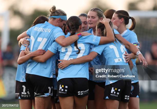 Hannah Wilkinson of Melbourne City celebrates after scoring her second goal during the A-League Women round 19 match between Melbourne City and...