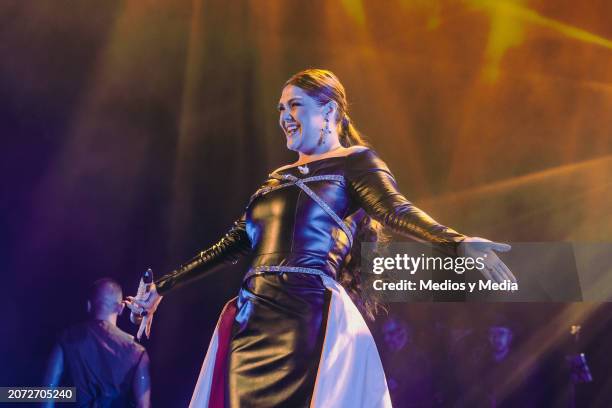 Singer Yuridia performs during a concert as part of the Pa Luego Es Tarde Tour at Arena Monterrey on March 9, 2024 in Monterrey, Mexico.