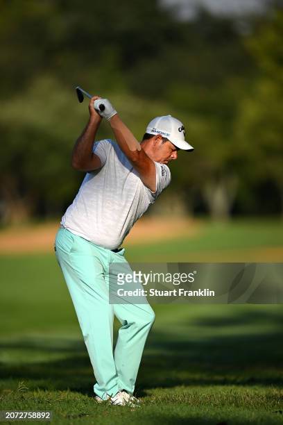 Jaco Van Zyl of South Africa plays his second shot on the first hole during day four of the Jonsson Workwear Open at Glendower Golf Club on March 10,...