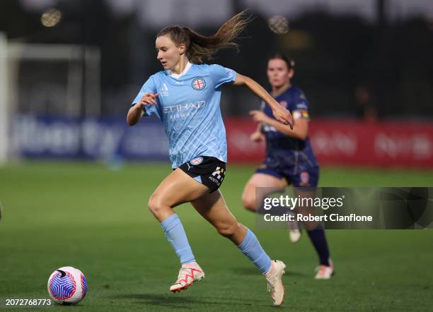 Emina Ekić of Melbourne City runs with the ball during the A-League Women round 19 match between Melbourne City and Newcastle Jets at City Football...