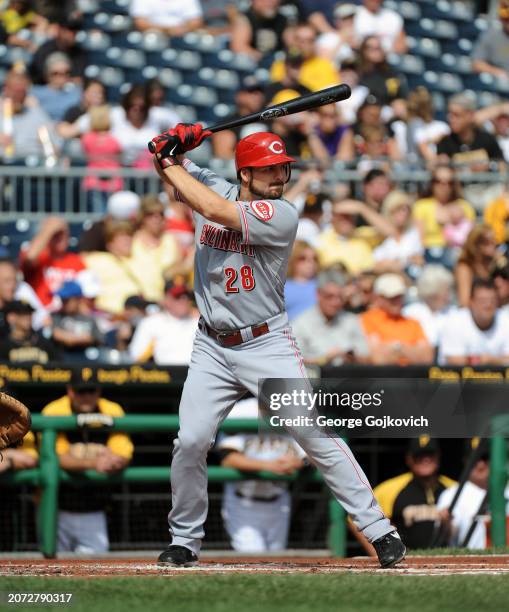 Chris Heisey of the Cincinnati Reds bats against the Pittsburgh Pirates during a game at PNC Park on September 25, 2011 in Pittsburgh, Pennsylvania....