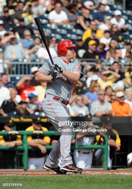 Jay Bruce of the Cincinnati Reds bats against the Pittsburgh Pirates during a game at PNC Park on September 25, 2011 in Pittsburgh, Pennsylvania. The...