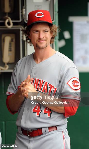Pitcher Mike Leake of the Cincinnati Reds looks on from the dugout before a game against the Pittsburgh Pirates at PNC Park on September 25, 2011 in...
