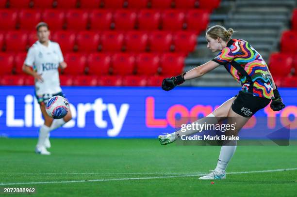Annalee Grove goalkeeper of Adelaide United kick out during the A-League Women round 19 match between Adelaide United and Melbourne Victory at...