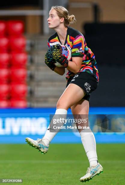 Annalee Grove goalkeeper of Adelaide United saves during the A-League Women round 19 match between Adelaide United and Melbourne Victory at Coopers...