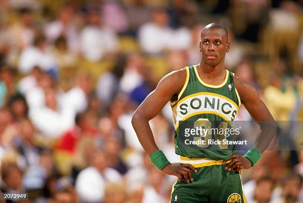 Xavier McDaniel of the Seattle Supersonics looks on during a game in the 1989-1990 NBA season