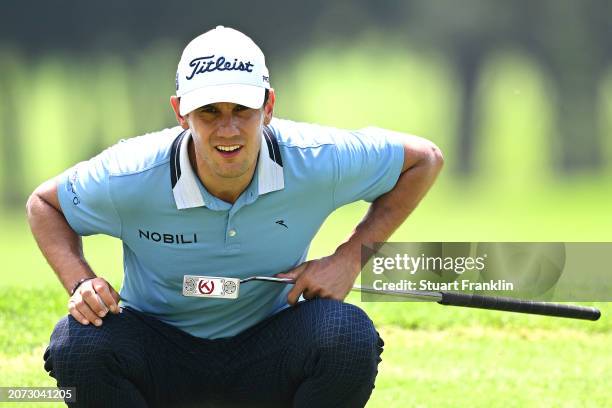 Matteo Manassero of Italy lines up a putt on the seventh green during day four of the Jonsson Workwear Open at Glendower Golf Club on March 10, 2024...