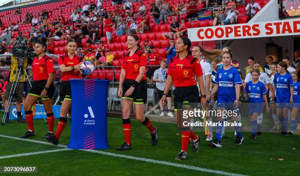 Referees collect the match ballduring the A-League Women round 19 match between Adelaide United and Melbourne Victory at Coopers Stadium, on March 10...