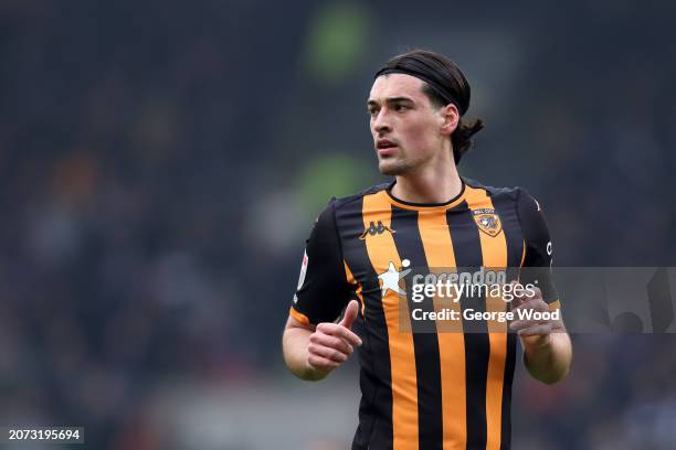 Jacob Greaves of Hull City looks on during the Sky Bet Championship match between Hull City and Leicester City at MKM Stadium on March 09, 2024 in...