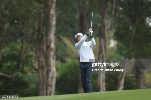 Henrik Stenson of MAJESTICKS GC play a shot on the 18th hole during day one of the LIV Golf Invitational - Hong Kong at The Hong Kong Golf Club on...