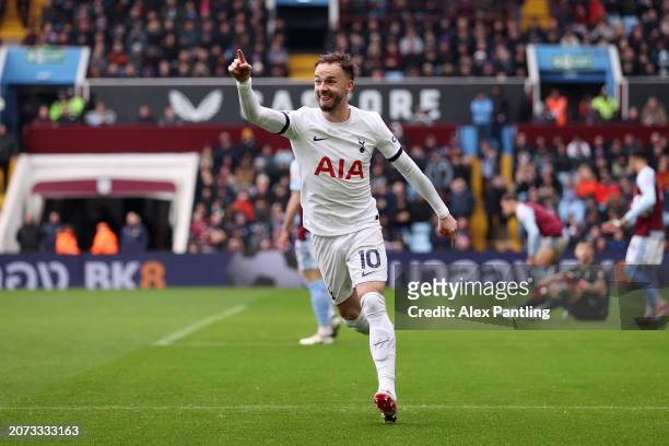 James Maddison of Tottenham Hotspur celebrates scoring his team's first goal during the Premier League match between Aston Villa and Tottenham...