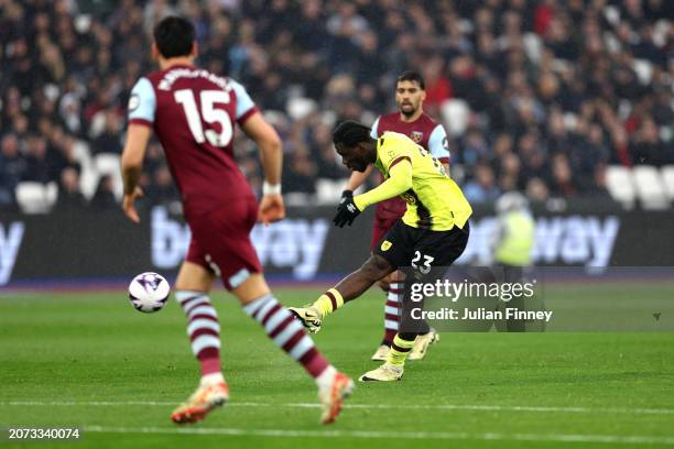 Datro Fofana of Burnley scores his team's first goal during the Premier League match between West Ham United and Burnley FC at the London Stadium on...