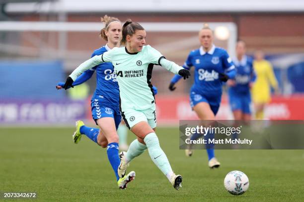 Johanna Rytting Kaneryd of Chelsea runs with the ball during the Adobe Women's FA Cup Quarter Final match between Everton FC and Chelsea FC at Walton...