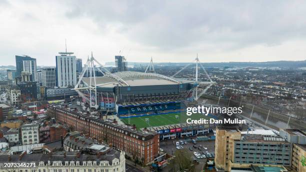 An aerial view of the Principality Stadium and Cardiff Arms Park, seen prior to the Guinness Six Nations 2024 match between Wales and France at the...