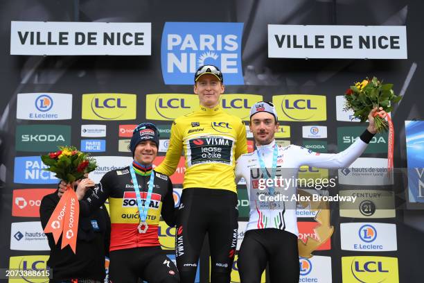 Remco Evenepoel of Belgium and Team Soudal - Quick Step on second place, race winner Matteo Jorgenson of The United States and Team Visma | Lease a...