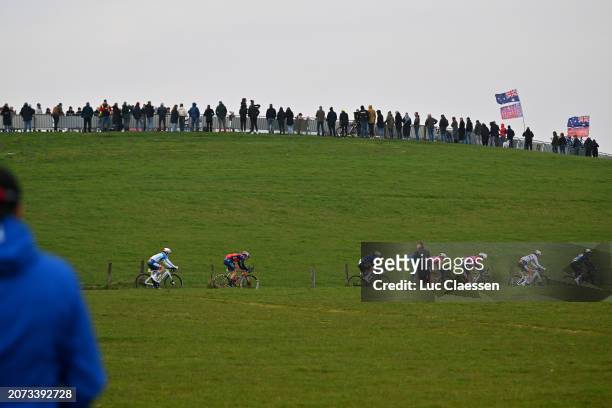 General view of the peloton passing through a landscape during the 17th Miron Women's WorldTour Ronde van Drenthe 2024 a 158.1km one day race from...