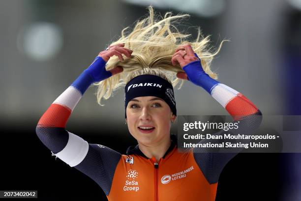 Joy Beune of Netherlands celebrates after she competes and wins the 5000m Women AllRound race during the ISU World Speed Skating Allround and Sprint...