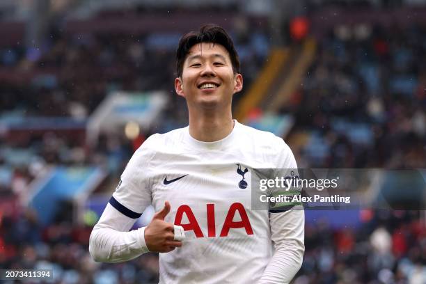 Son Heung-Min of Tottenham Hotspur celebrates scoring his team's third goal during the Premier League match between Aston Villa and Tottenham Hotspur...