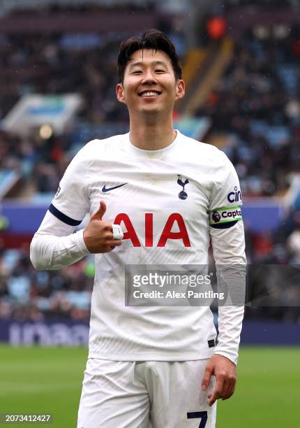 Son Heung-Min of Tottenham Hotspur celebrates scoring his team's third goal during the Premier League match between Aston Villa and Tottenham Hotspur...