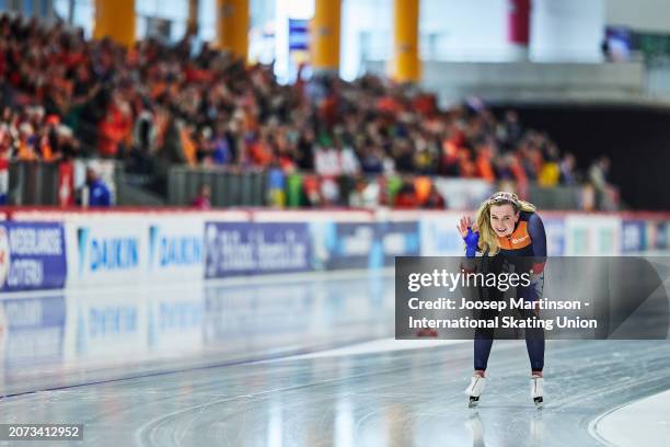 Joy Beune of Netherlands reacts in the Women's Allround 5000m at Max Aicher Arena on March 10, 2024 in Inzell, Germany.