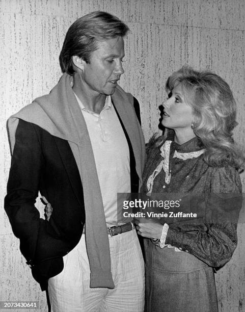 American actor Jon Voight and American actress Morgan Fairchild at the 'Live at Five' studios, on Rockefeller Plaza in Midtown Manhattan, New York...